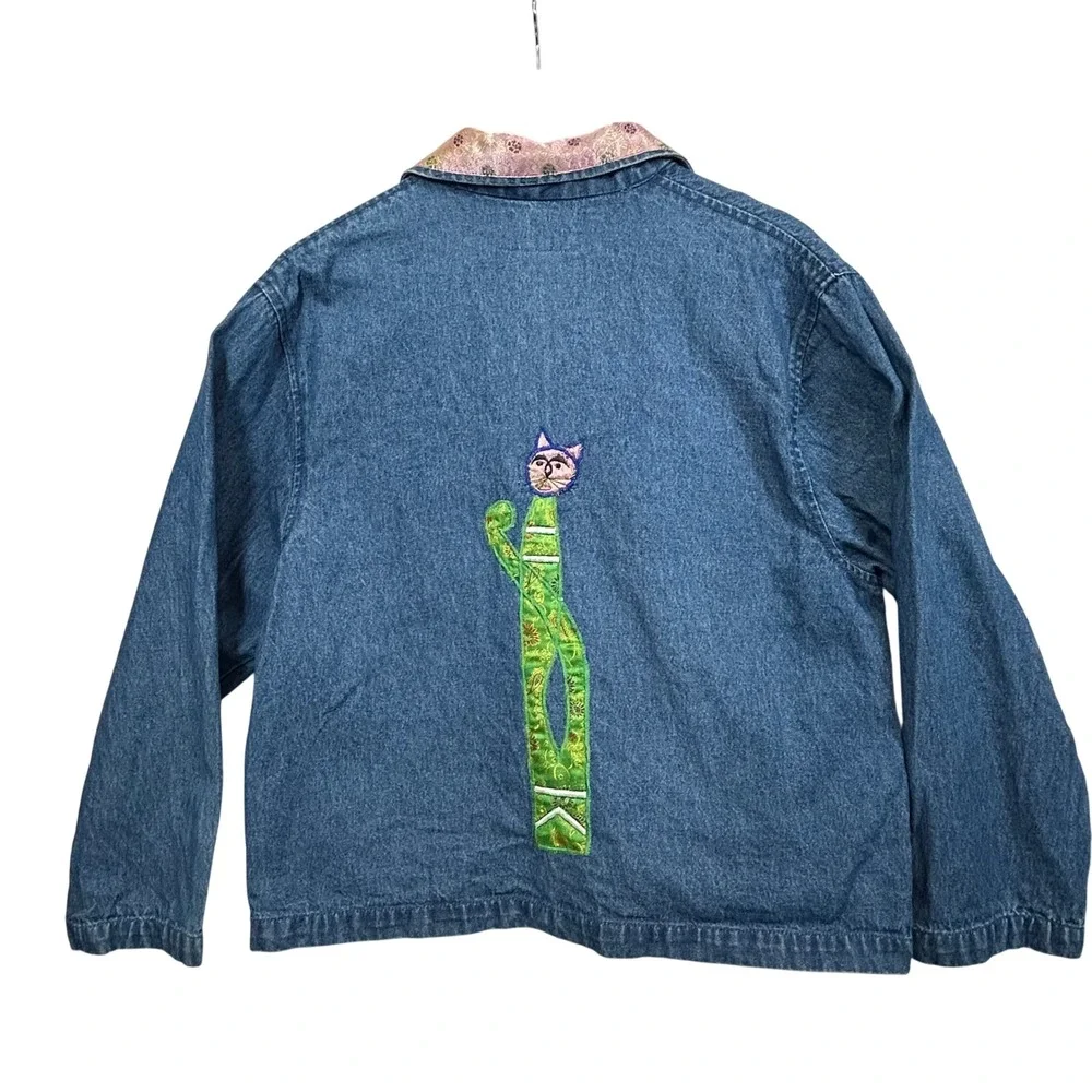 Vintage 90s Tantrums Petite Denim Jacket Women PL Embroidered Cat Art Whimsical